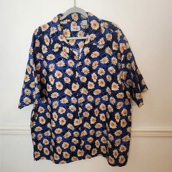 FLAW Vtg Perry Ellis Shirt XL Mens Buttonup Cotton Blue Floral Short Sleeve - Picture 1 of 11